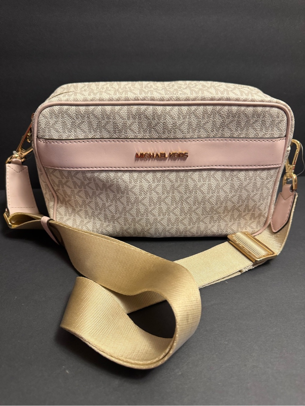 Michael Kors Pink and Beige Logo Crossbody Camera Bag